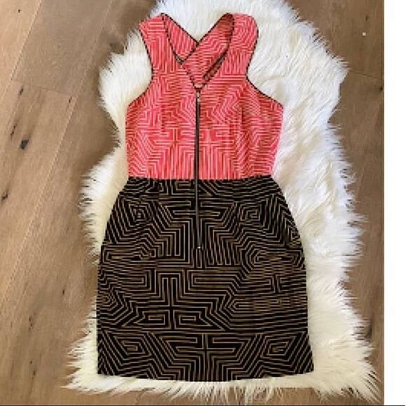 EUC Loeffler Randall Silk Mini Dress Sz. 6 Geometric print coral and black - Picture 1 of 10